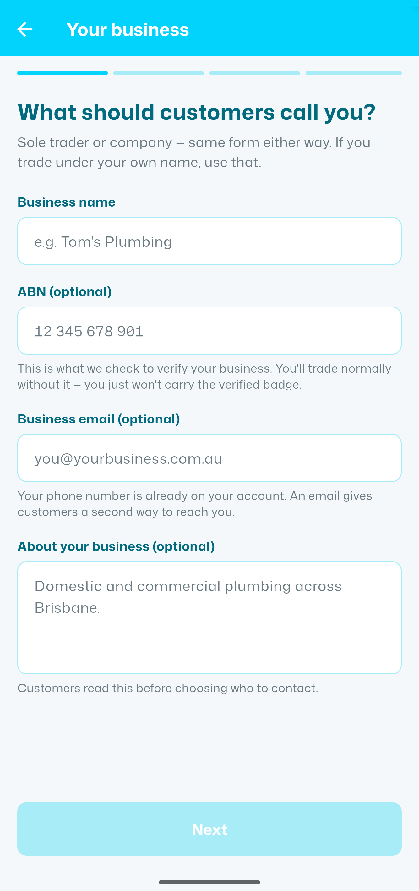 A tradie entering their business name and ABN