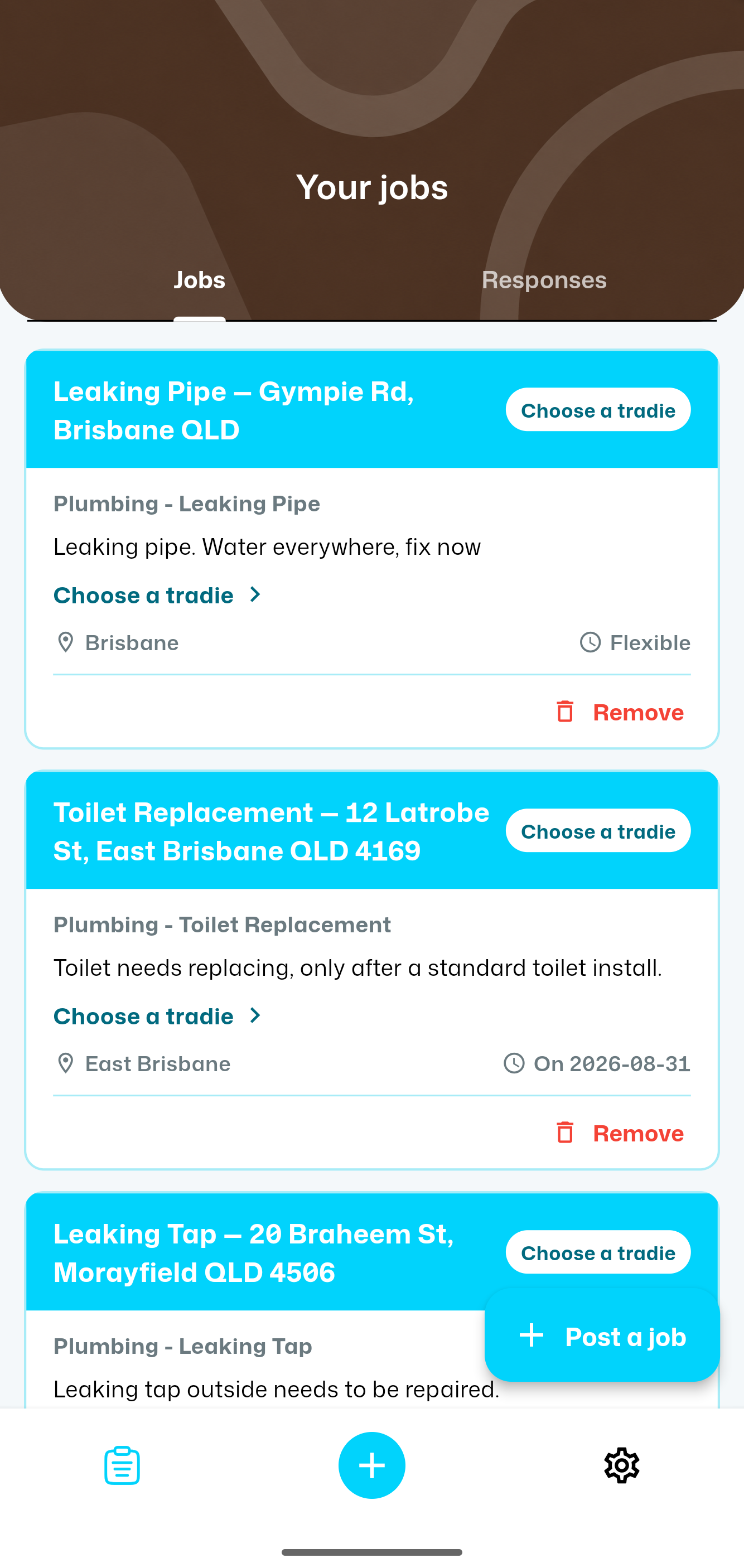 A customer's posted jobs in the ReadyTrade app, each showing status and Choose a tradie