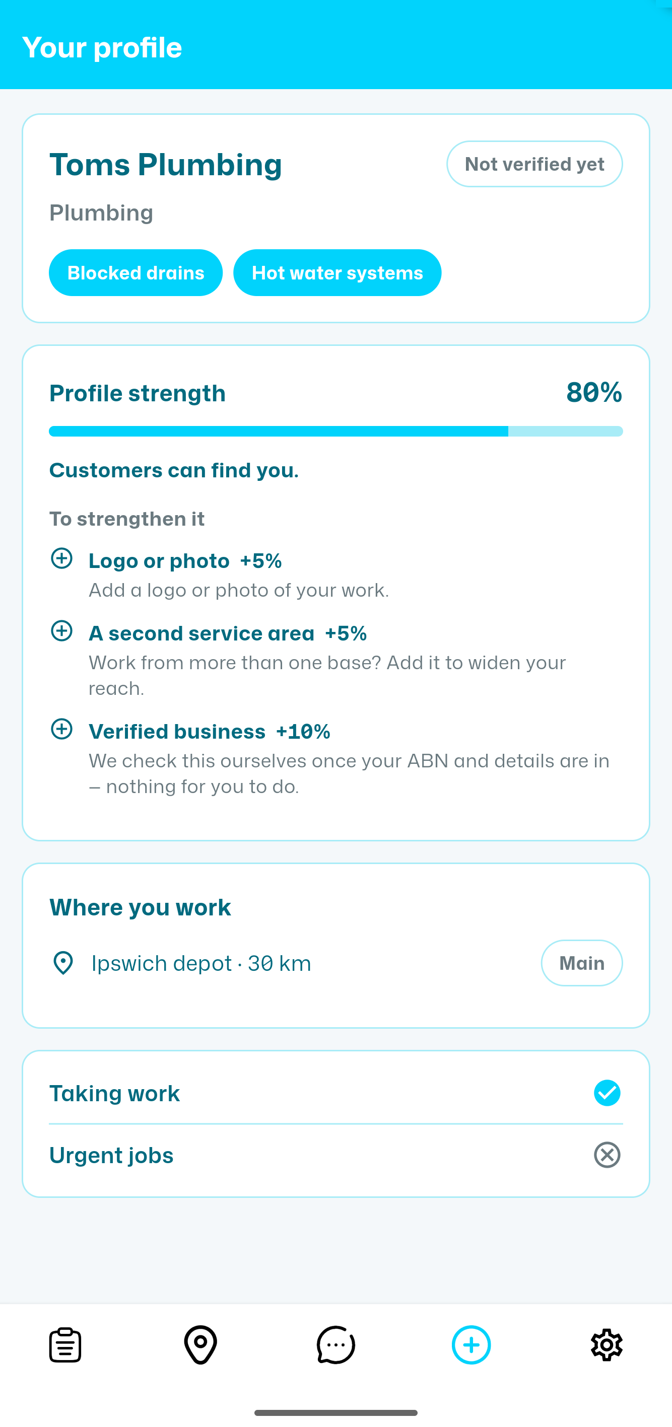 A tradie's profile, showing profile strength