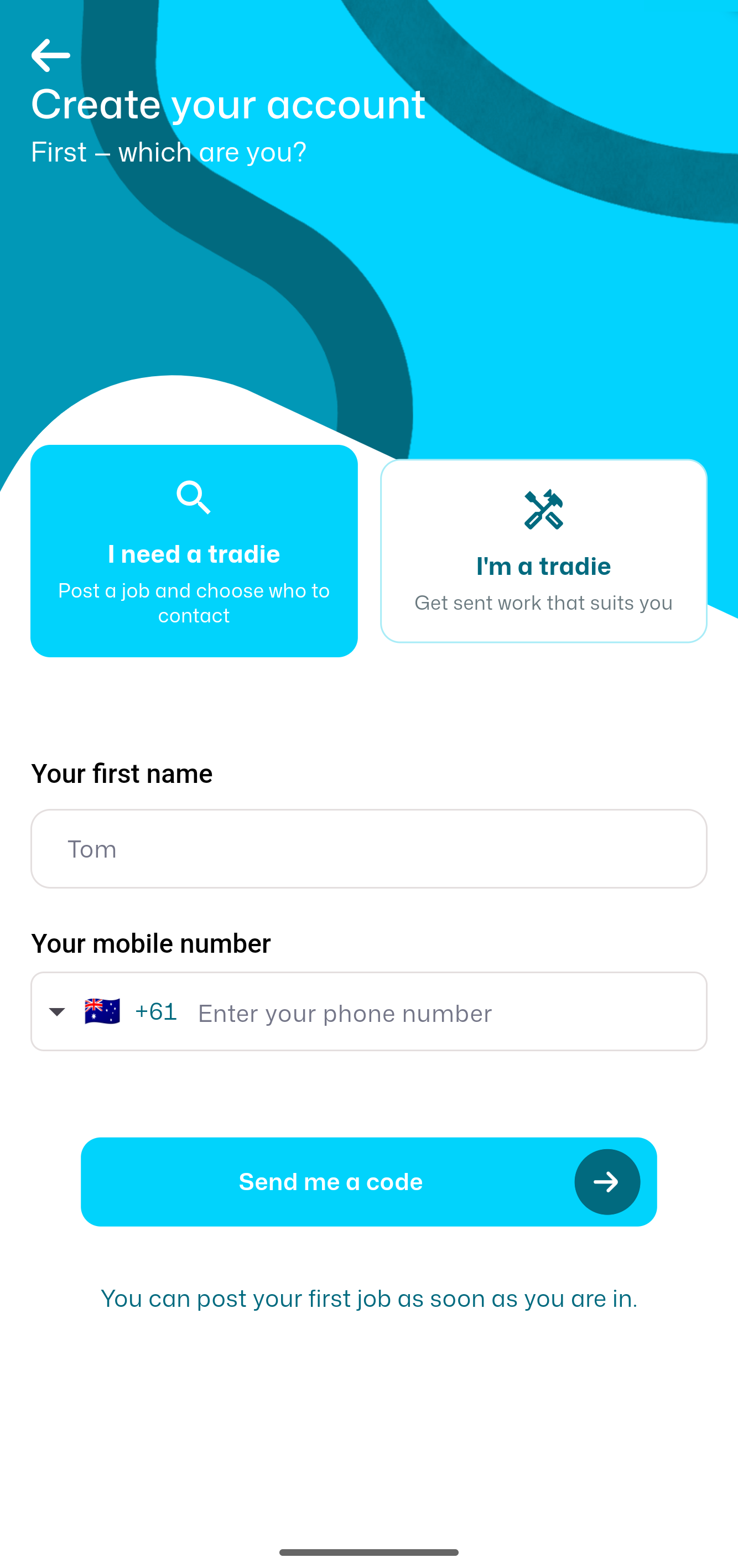 Choosing customer or tradie when creating a ReadyTrade account